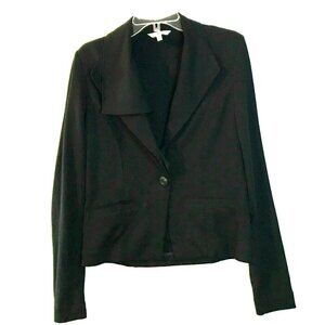 CAbi Women's Asymmetric Ruffle Lapel Knit Black Blazer Sz Medium Single Button